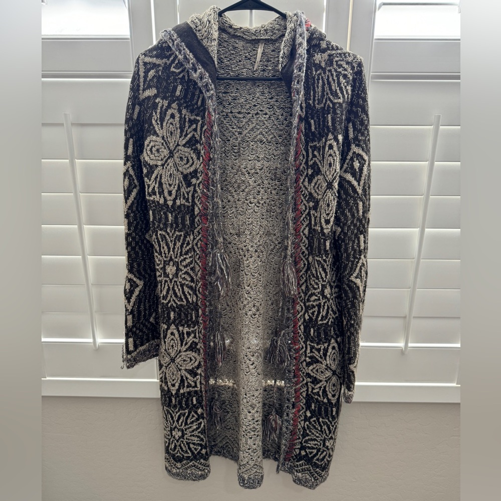Free People Black and Gray Hooded Cardigan